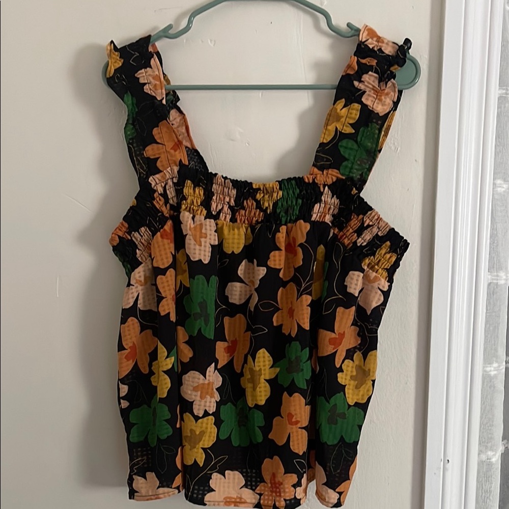 Who What Wear Black and Orange Ruffled Blouse